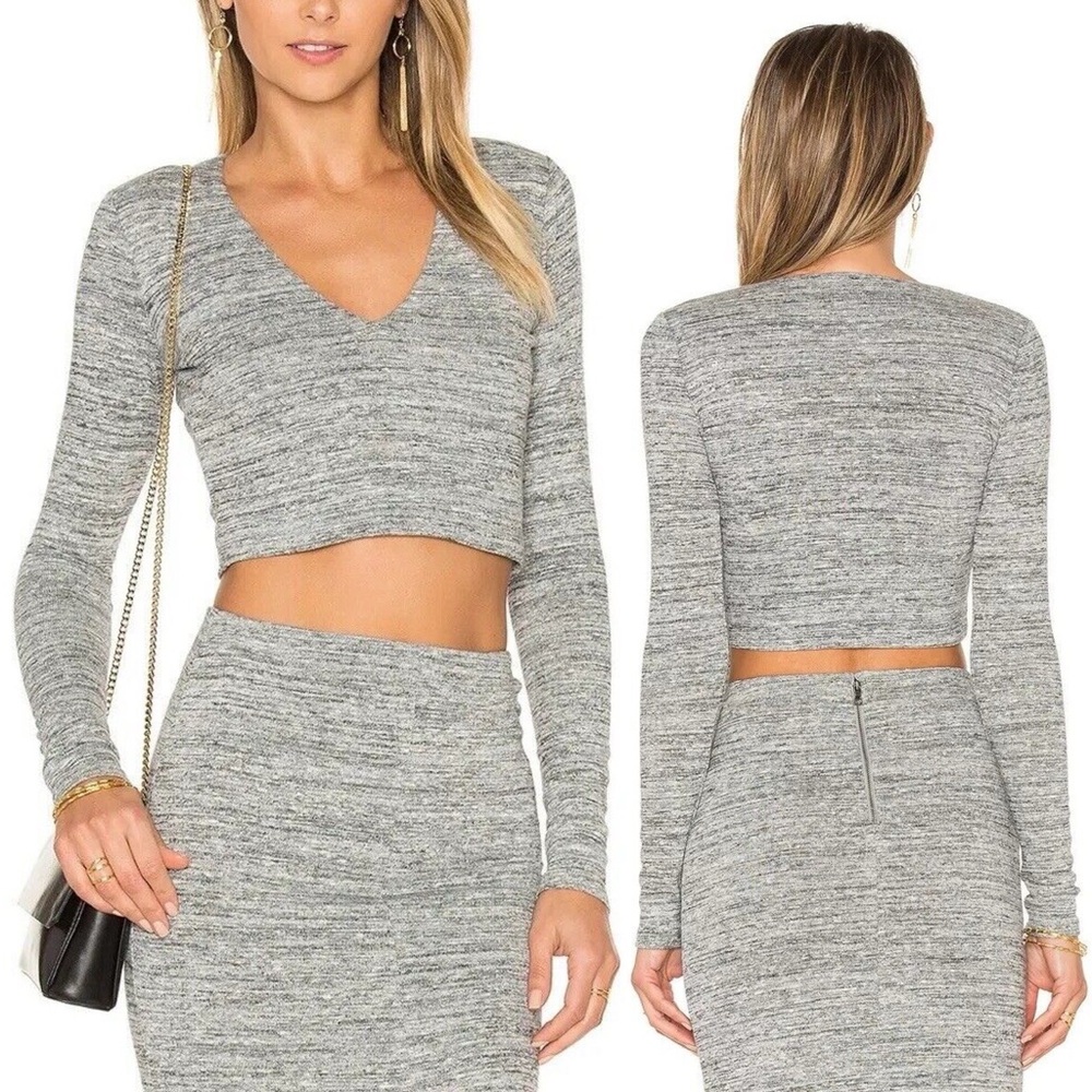 Alice + Olivia Jori Cropped Top Grey Long Sleeve V Neck Heathered Top Size 0